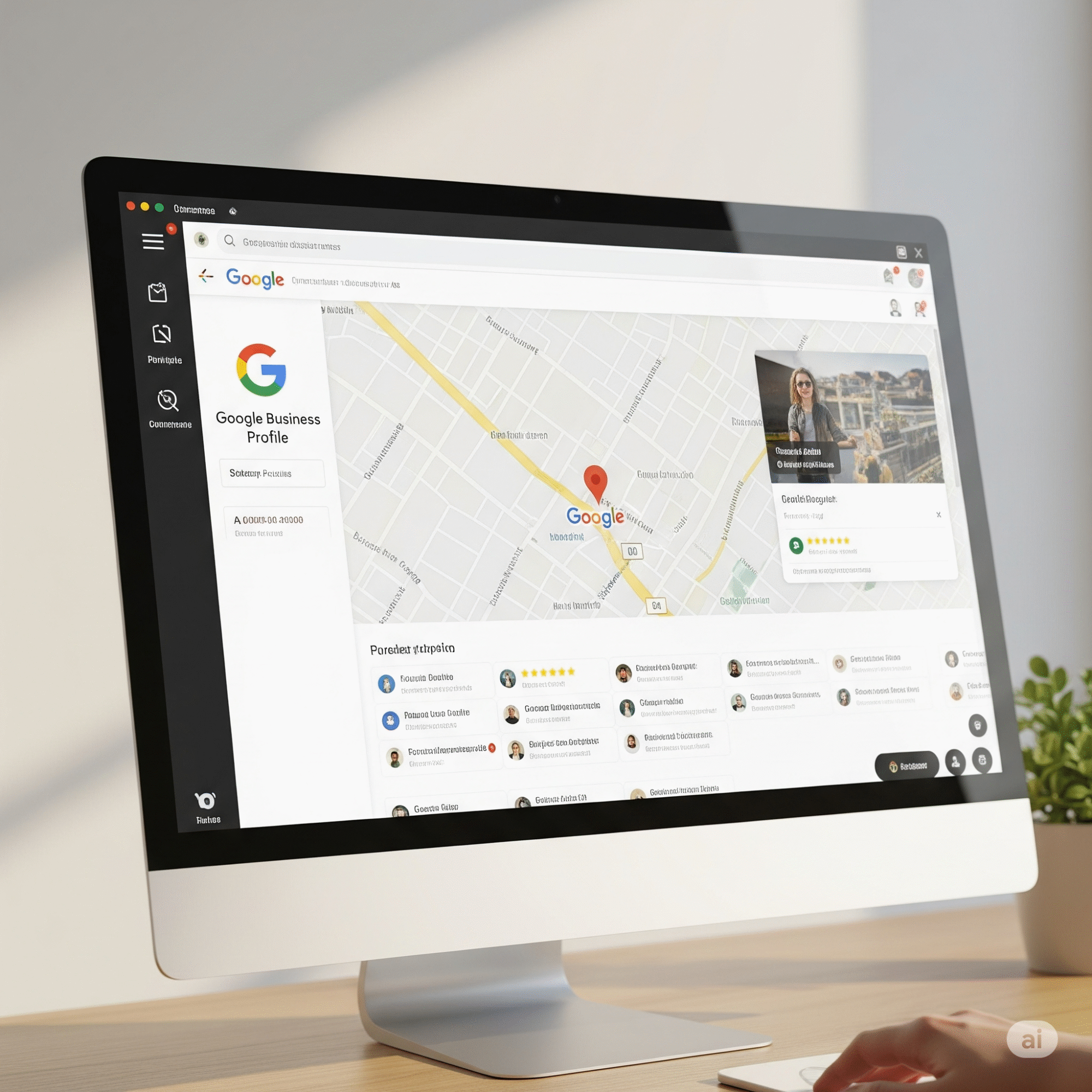 Create a featured image for a blog post about optimizing a Google Business Profile to attract local customers. The image should prominently feature a computer screen displaying a well-optimized Google Business Profile, with visual elements like maps and customer reviews visible. Use soft, natural lighting to create an inviting atmosphere, with a modern and clean design style. Ensure the focus is sharp and the details are highly defined, presenting a professional yet approachable look. The image should be high resolution to convey clarity and depth, underscoring the importance of a strong online presence for local businesses.