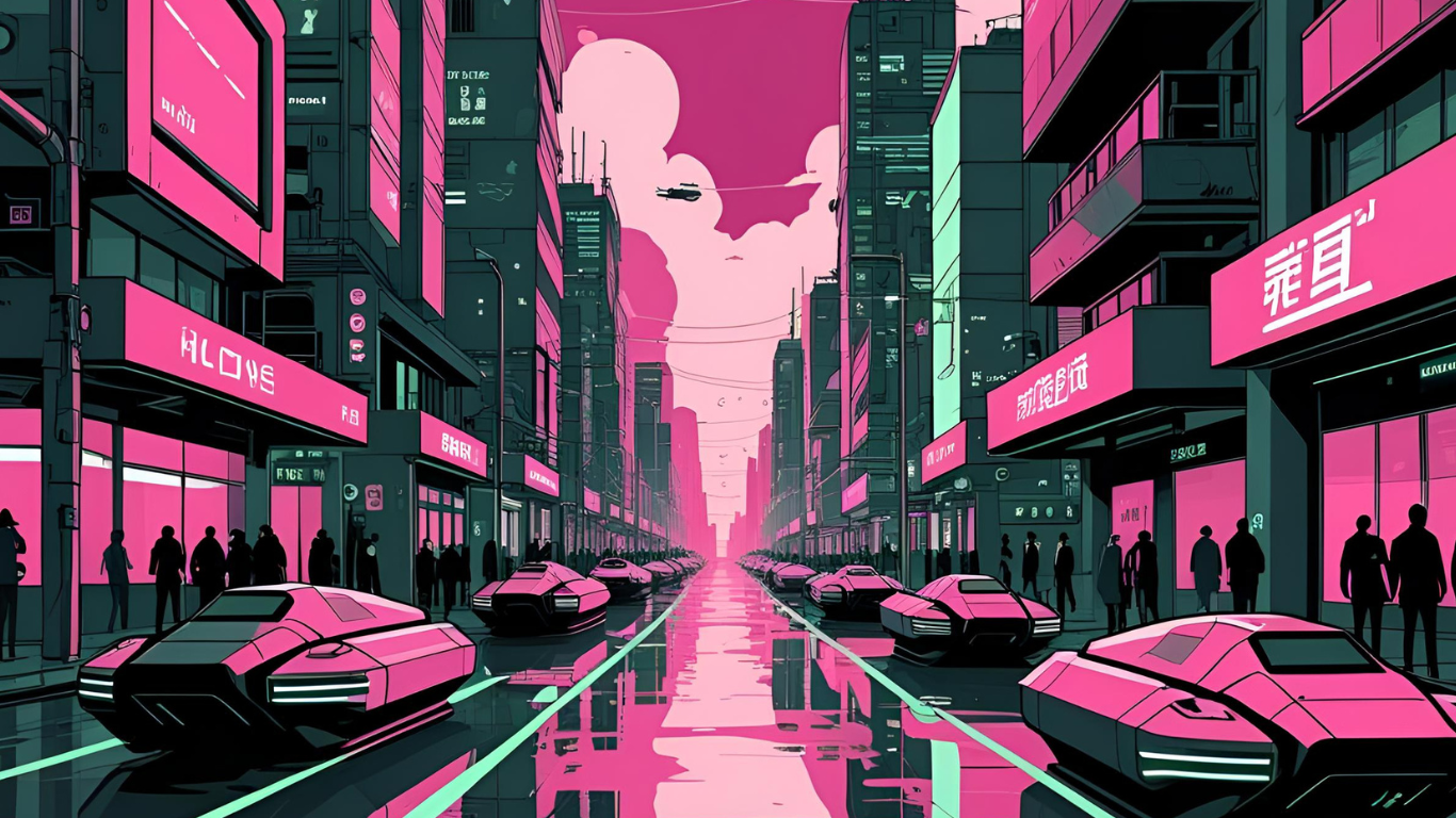 uma rua digital e super conectada, mas em tons de magenta em vez de verde