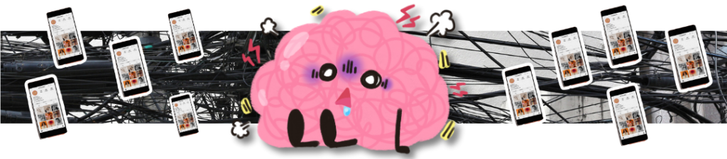 Um cérebro cansado com um monte de celulares em volta. Ao fundo, um emaranhado de fios.