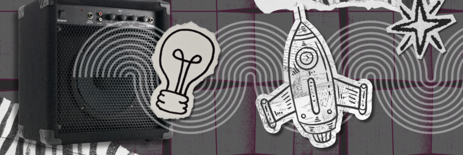 Uma colagem digital onde um amplificador 'amplifica' um foguete, uma lâmpada e uma faísca.