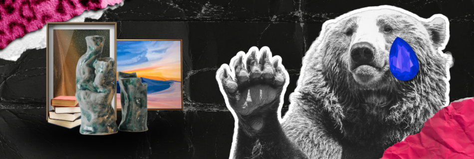 Uma colagem digital - um urso triste dá adeus a um acervo de galeria de arte