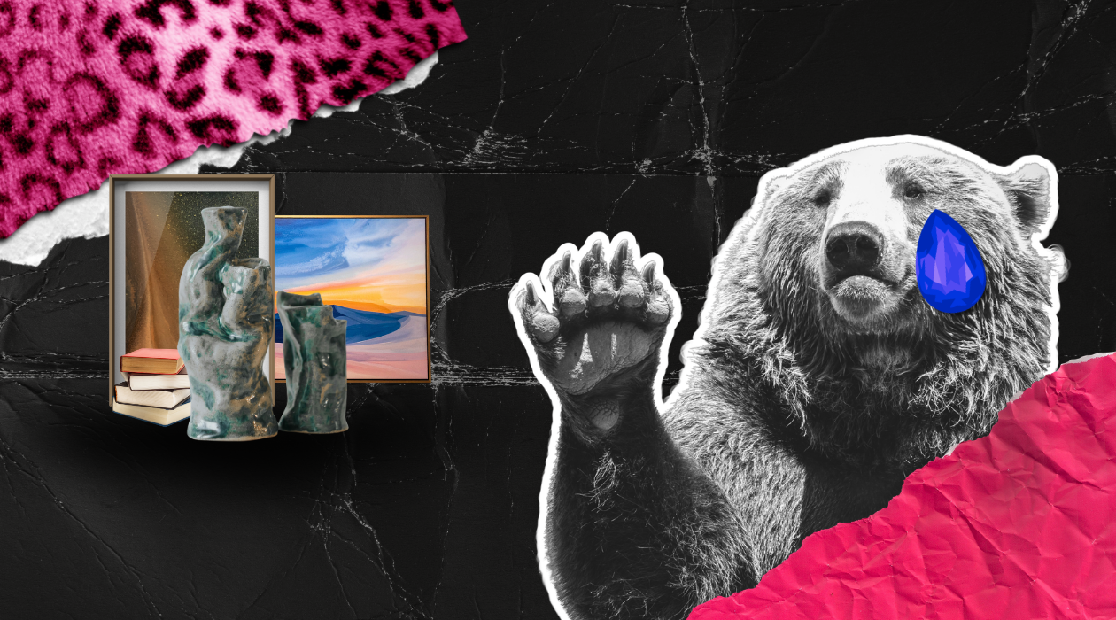 Uma colagem digital - um urso triste dá adeus a um acervo de galeria de arte